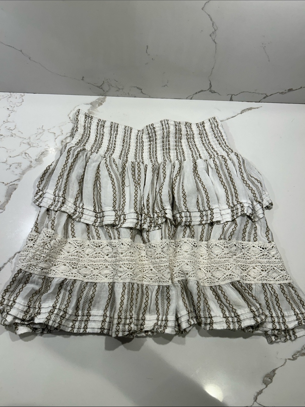 Elan White Tiered Skirt with Tan Stripe & Lace